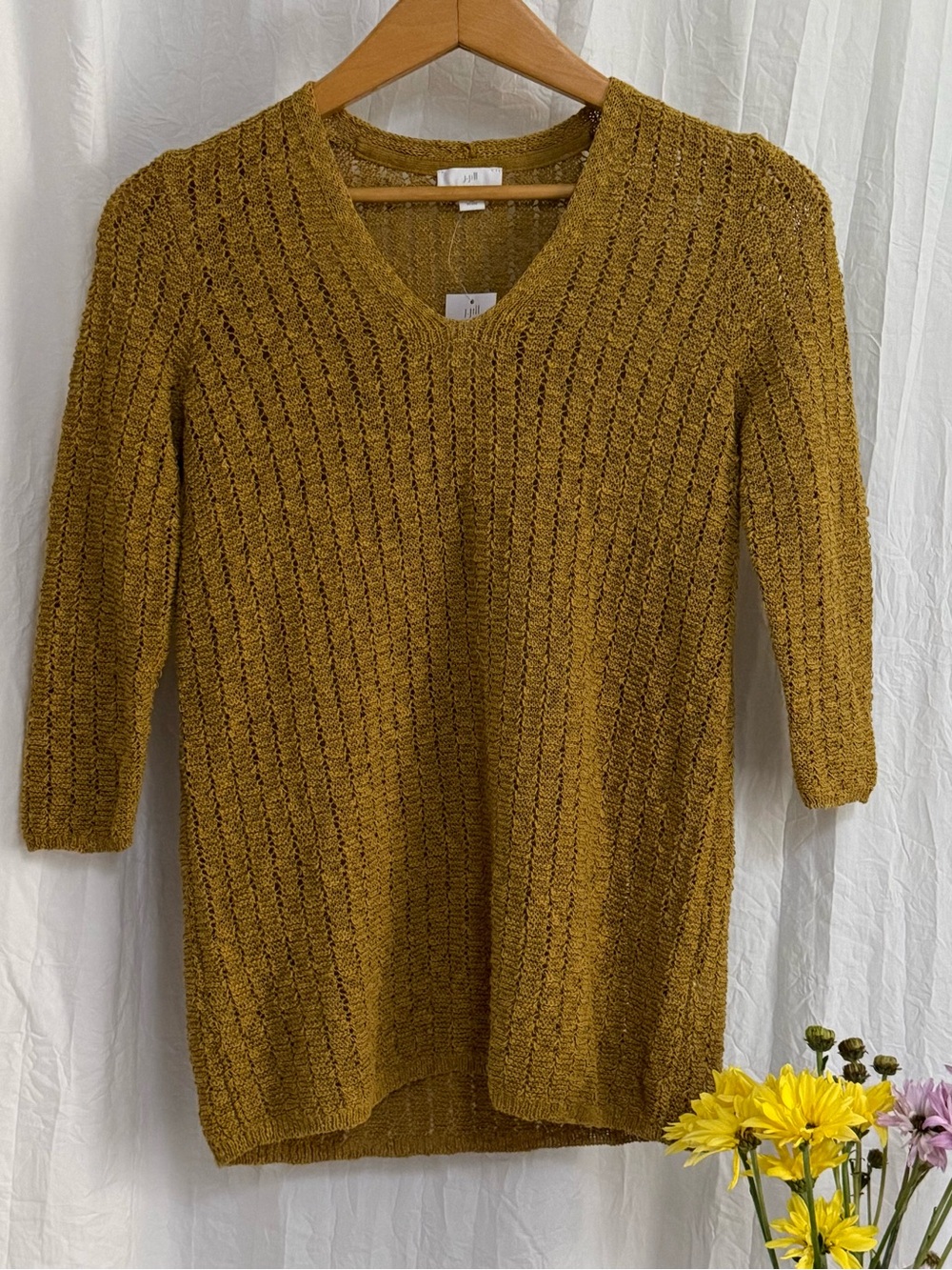 NWT J Jill Sweater XSP Womens Petite Gilded Coin Mustard Gold Open Stitch V Neck
